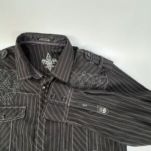 Roar Mens Large Black Pinstripe Tribal Embroidered Button Down Shirt Epaulettes